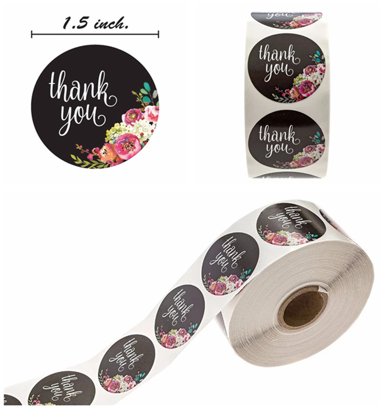 black flower thank you sticker label roll